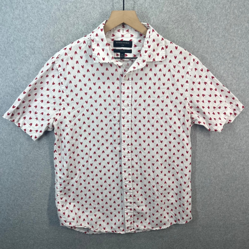 Banana Republic Mens Linen Shirt Slim Fit White Red Lobster Print Short Sleeve M